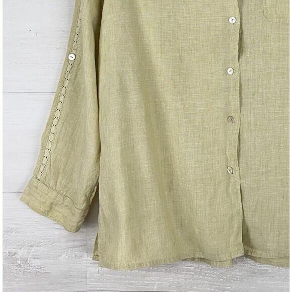 Kate Hill 100% Linen Shirt Women XL Button Up Pistachio Green Long Sleeve Top - Picture 3 of 12